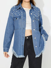 Raw Hem Pearl Trim Collared Neck Denim Top Medium OutfitFlow